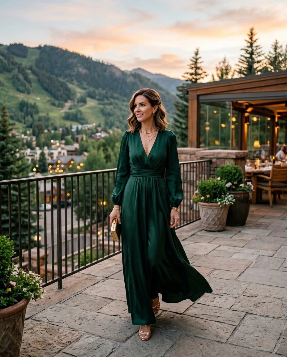 Gemma Deeks Style Guide: Elegant Chic dinner outfit in Aspen Summer 2026