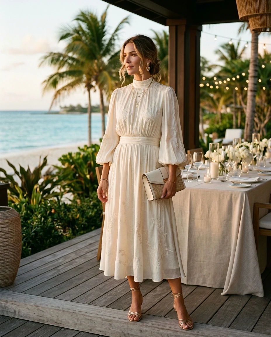 Gemma Deeks Style Guide: Elegant Chic dinner outfit in Bahamas Summer 2026