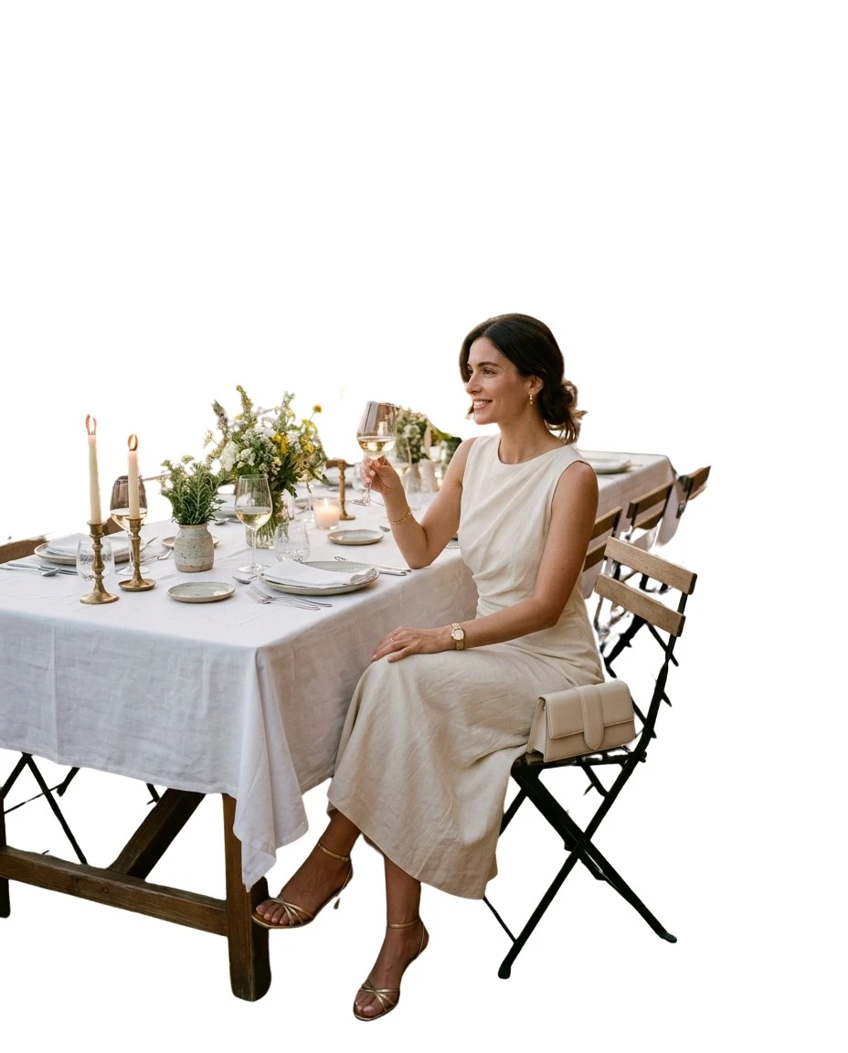 Gemma Deeks Style Guide: Elegant Chic dinner outfit in Catalonia Summer 2026