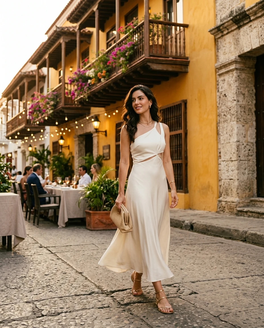 Gemma Deeks Style Guide: Elegant Chic dinner outfit in Colombia Summer 2026