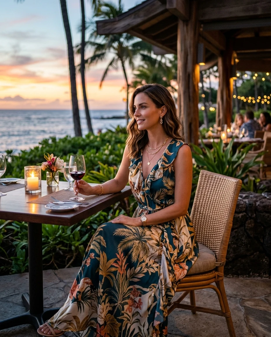 Gemma Deeks Style Guide: Elegant Chic dinner outfit in Hawaii Summer 2026