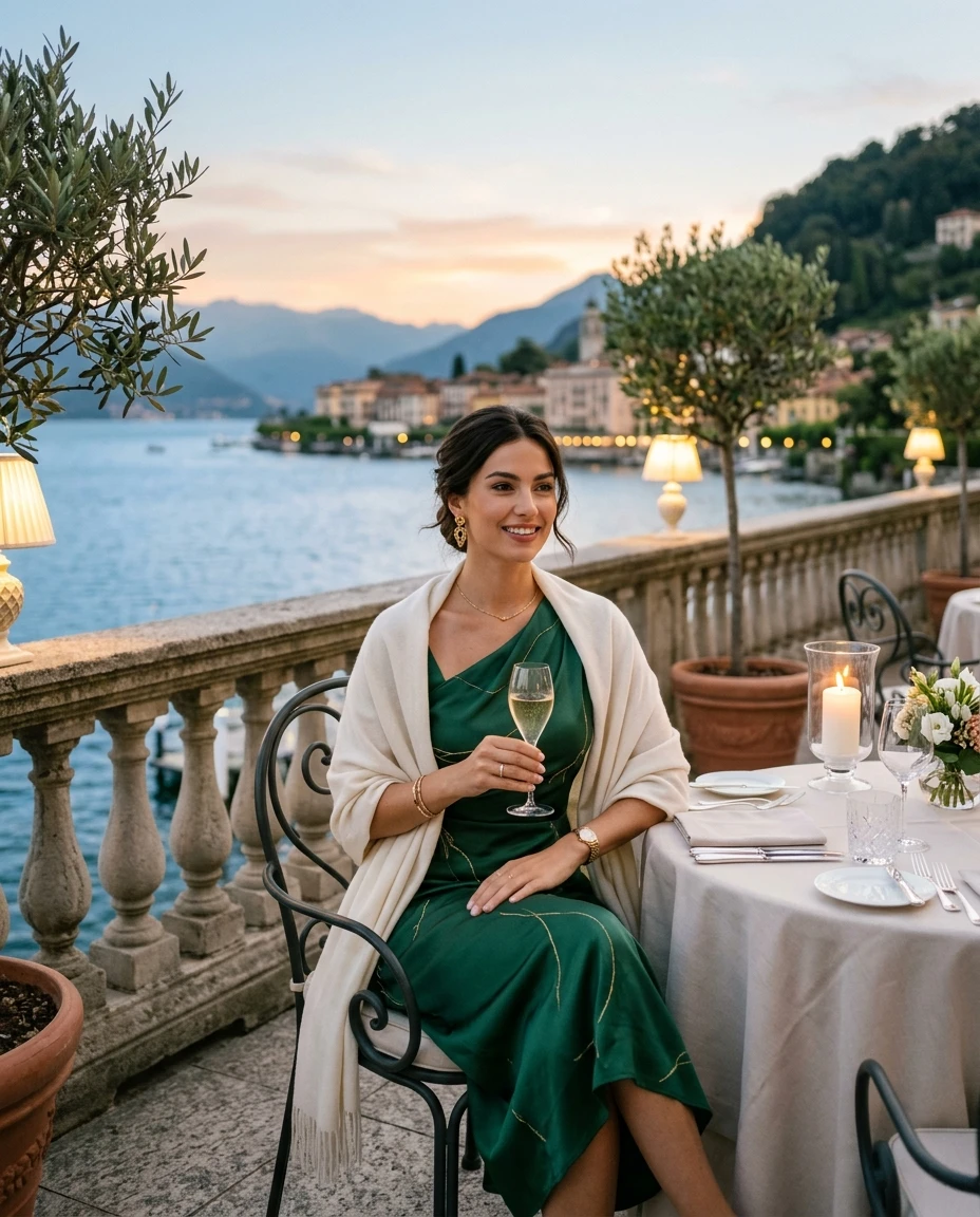 Gemma Deeks Style Guide: Elegant Chic dinner outfit in Lake Como Summer 2026