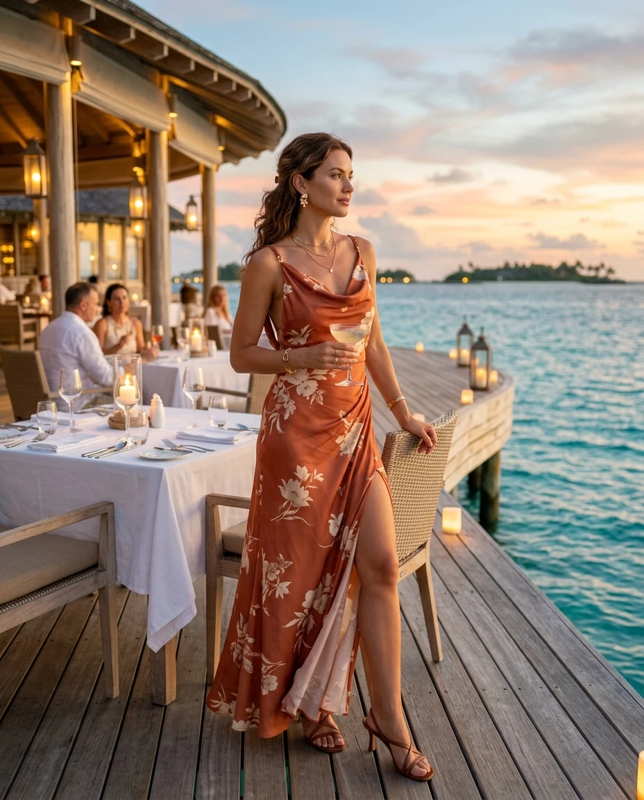 Gemma Deeks Style Guide: Elegant Chic dinner outfit in Maldives Summer 2026