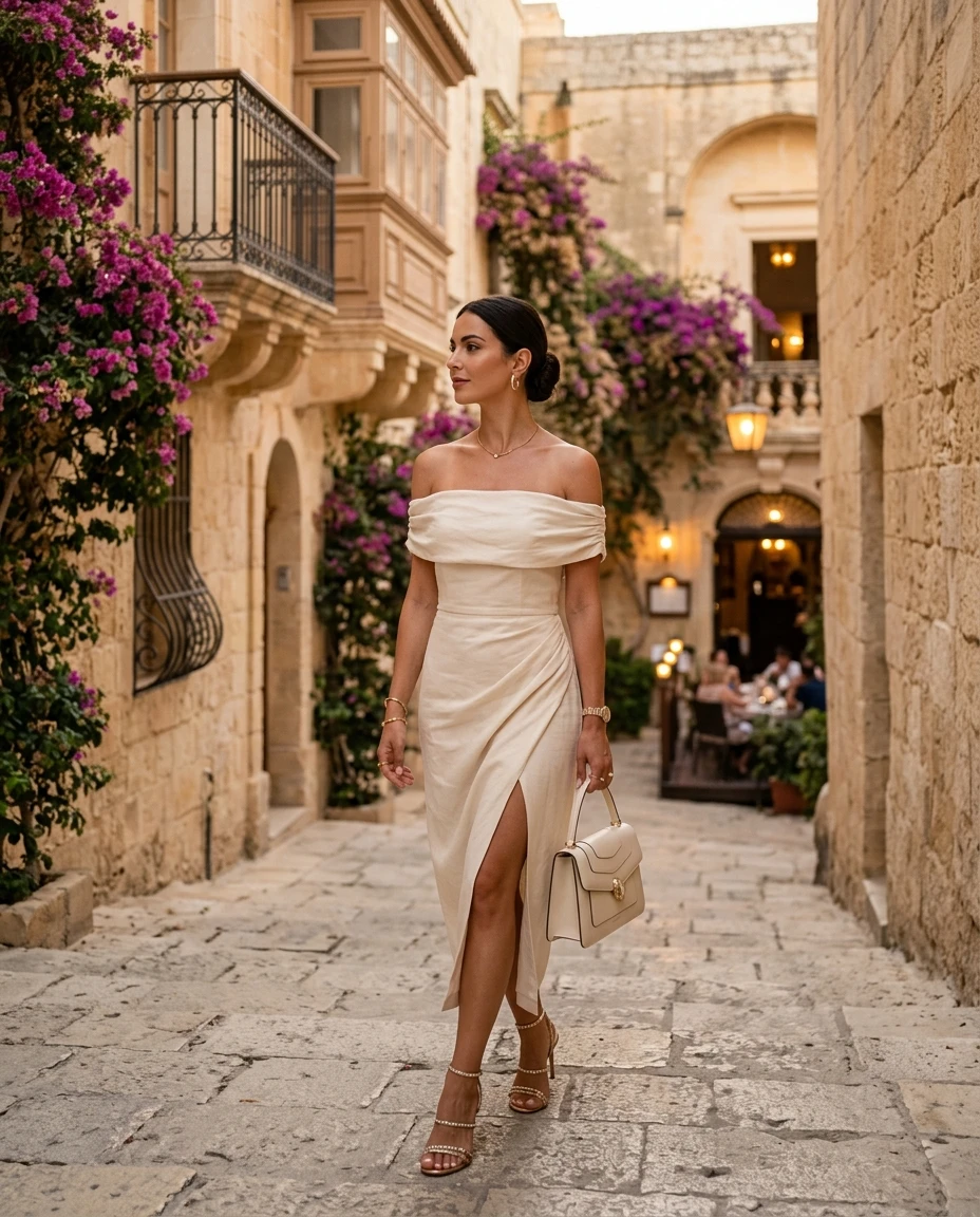 Gemma Deeks Style Guide: Elegant Chic dinner outfit in Malta Summer 2026