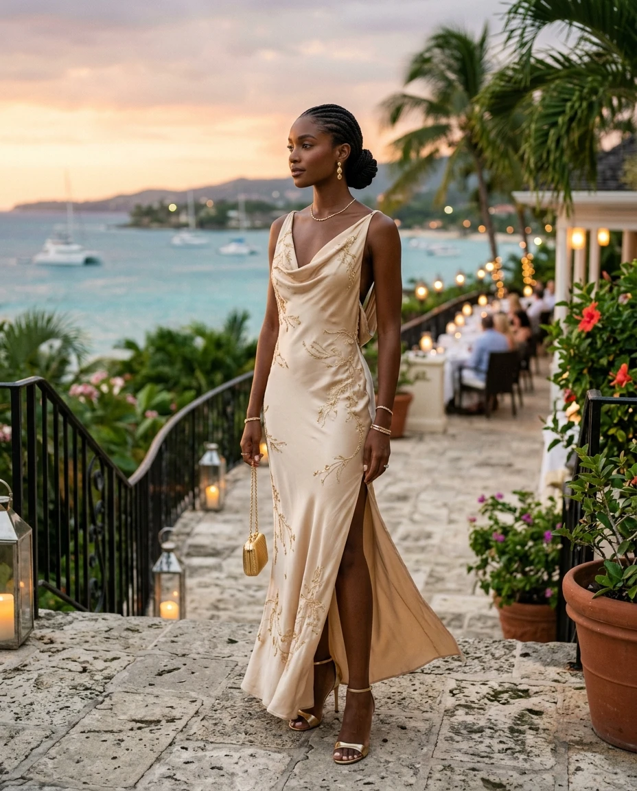 Gemma Deeks Style Guide: Elegant Chic dinner outfit in Montego Bay Summer 2026
