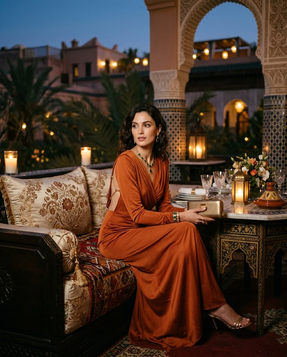 Gemma Deeks Style Guide: Elegant Chic dinner outfit in Moroco Summer 2026