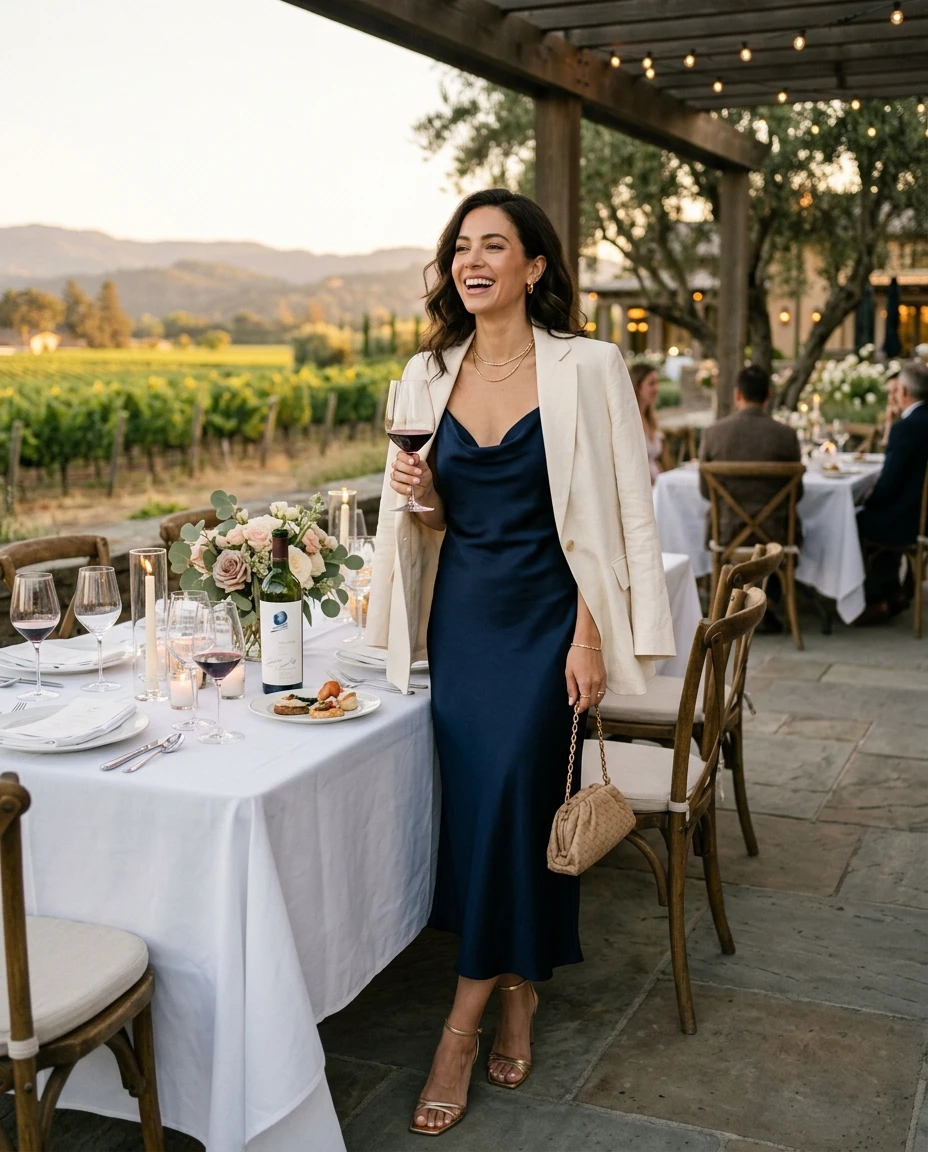 Gemma Deeks Style Guide: Elegant Chic dinner outfit in Napa Valley Summer 2026
