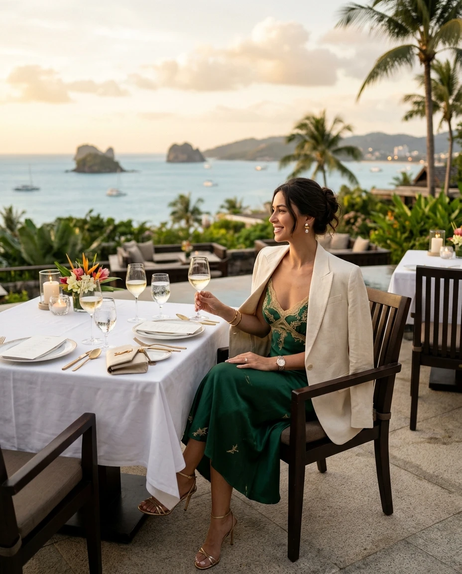 Gemma Deeks Style Guide: Elegant Chic dinner outfit in Phuket Summer 2026