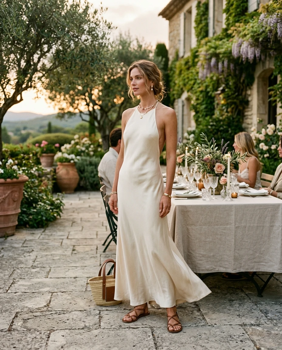Gemma Deeks Style Guide: Elegant Chic dinner outfit in Provence France Summer 2026
