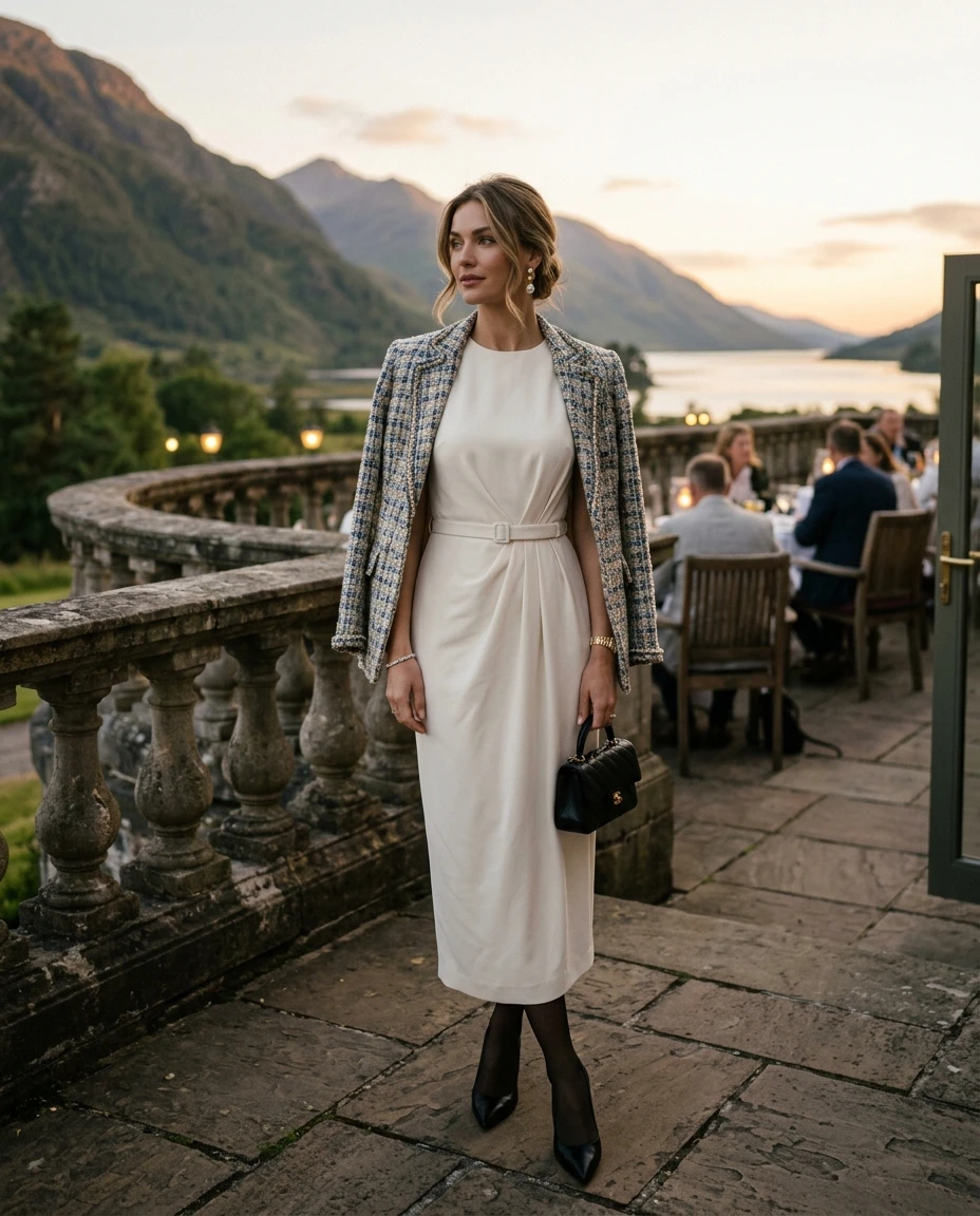 Gemma Deeks Style Guide: Elegant Chic dinner outfit in Scotland Summer 2026