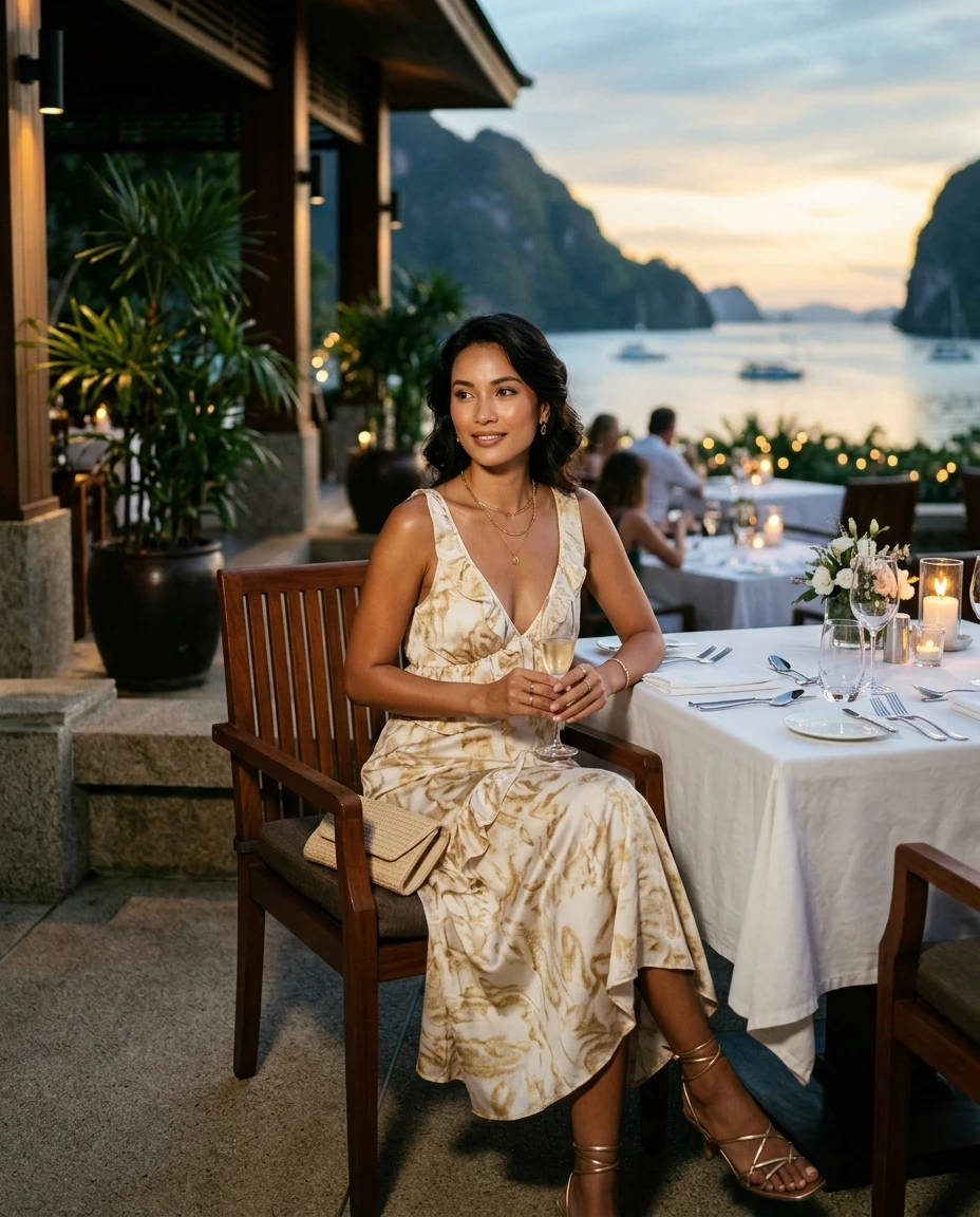 Gemma Deeks Style Guide: Elegant Chic dinner outfit in Thailand Summer 2026