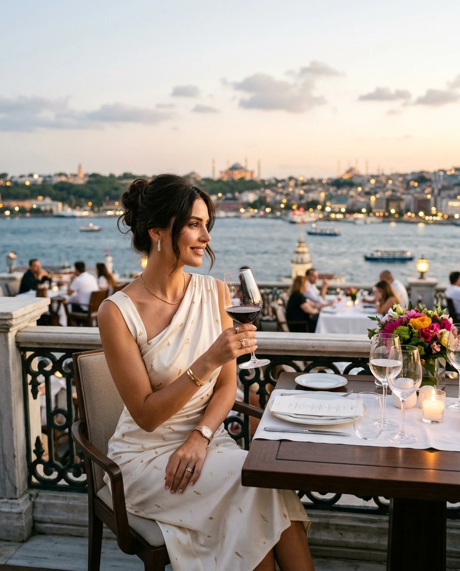 Gemma Deeks Style Guide: Elegant Chic dinner outfit in Turkey Summer 2026
