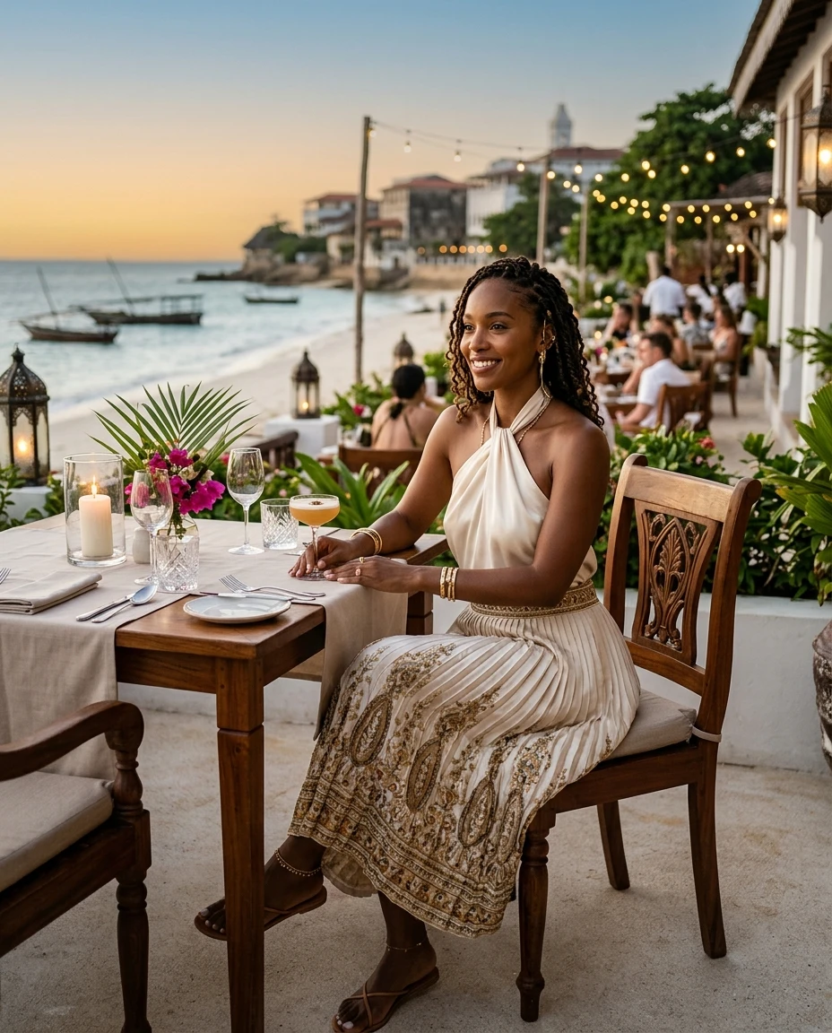 Gemma Deeks Style Guide: Elegant Chic dinner outfit in Zanzibar Summer 2026