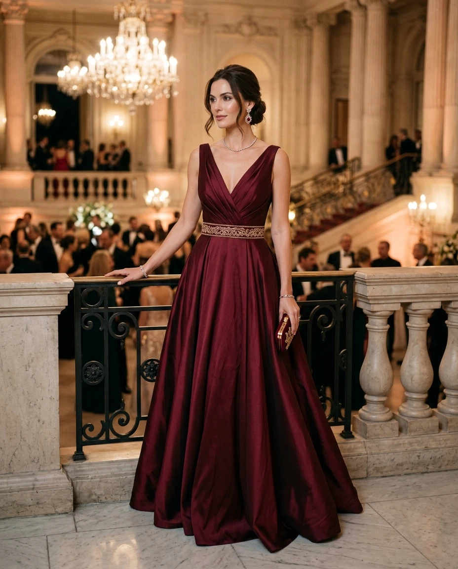 Gemma Deeks Style Guide: Elegant Chic gala gown in Burgundy Summer 2026
