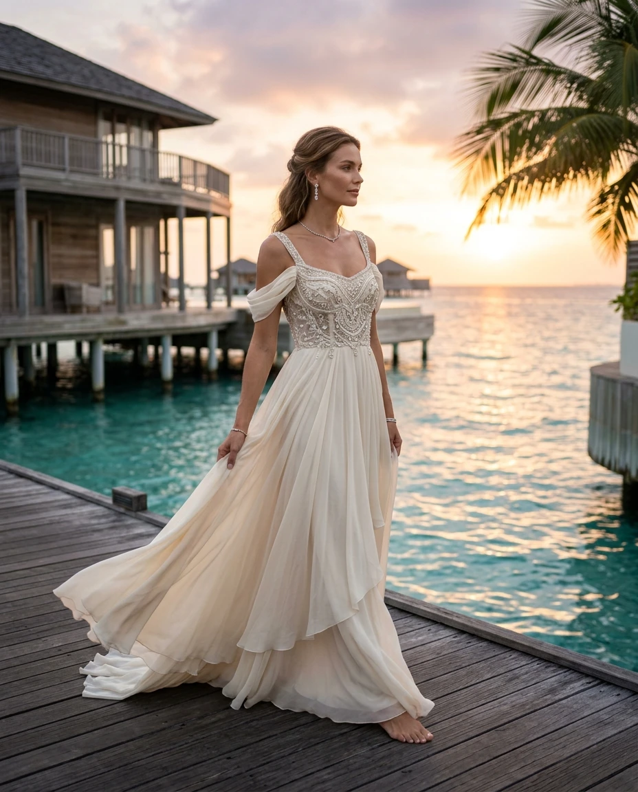 Gemma Deeks Style Guide: Elegant Chic gala gown in Maldives Summer 2026