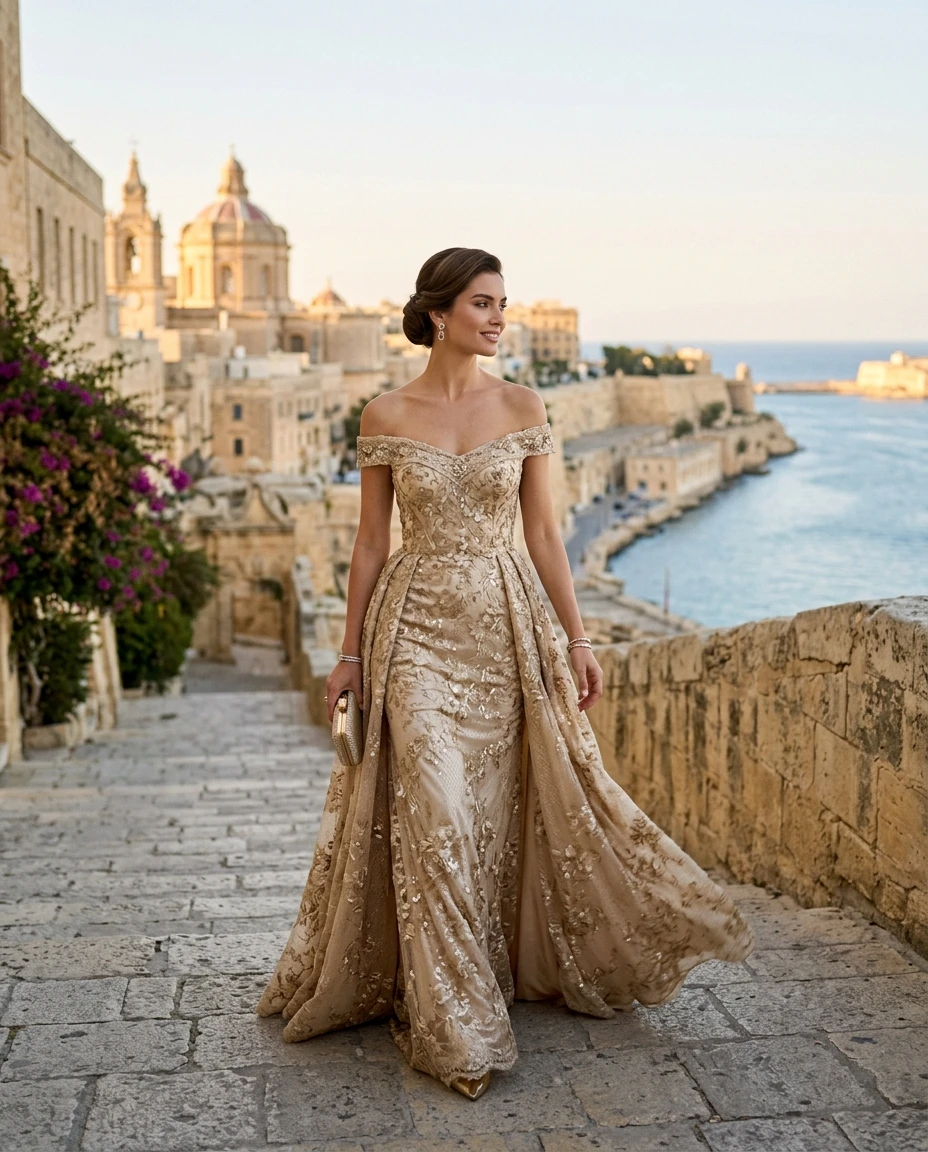 Gemma Deeks Style Guide: Elegant Chic gala gown in Malta Summer 2026