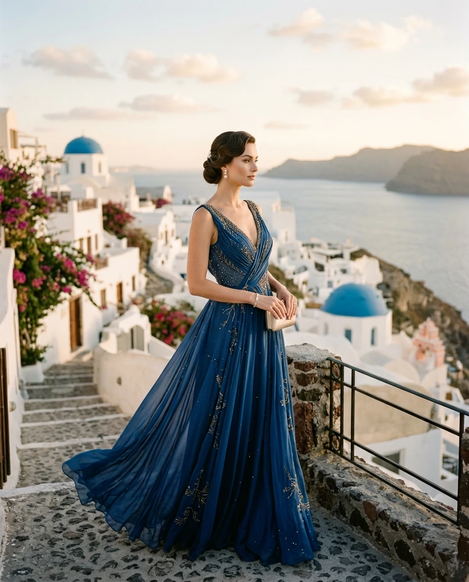 Gemma Deeks Style Guide: Elegant Chic gala gown in Santorini Summer 2026