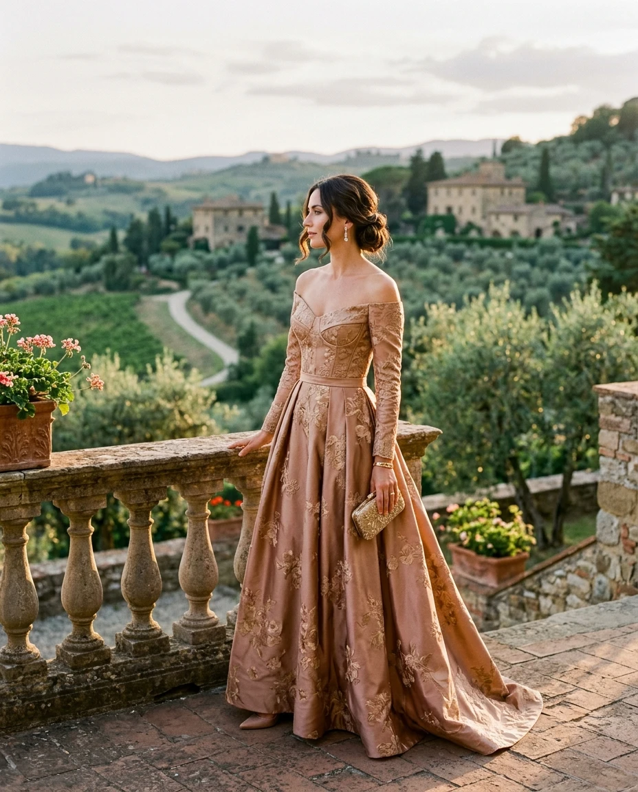 Gemma Deeks Style Guide: Elegant Chic gala gown in Tuscany Summer 2026