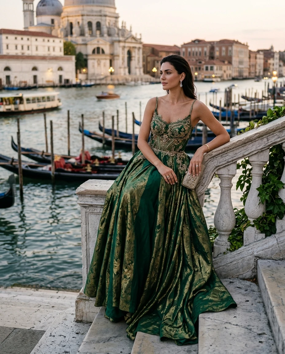 Gemma Deeks Style Guide: Elegant Chic gala gown in Venice Summer 2026