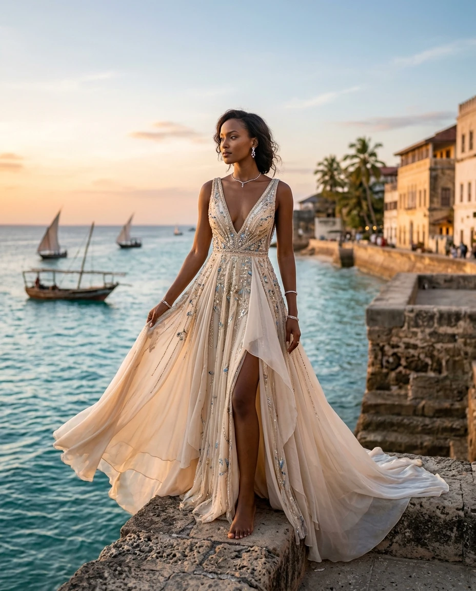 Gemma Deeks Style Guide: Elegant Chic gala gown in Zanzibar Summer 2026