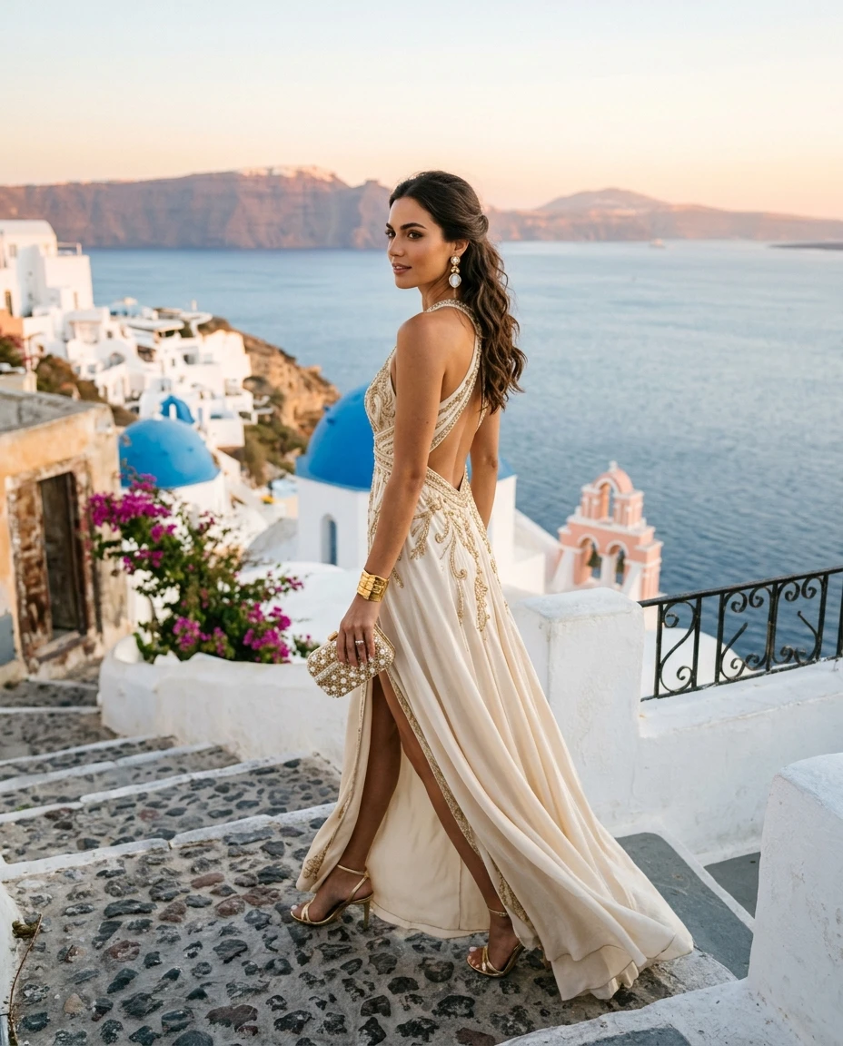 Gemma Deeks Style Guide: Elegant Chic Holiday parties in Santorini Summer 2026