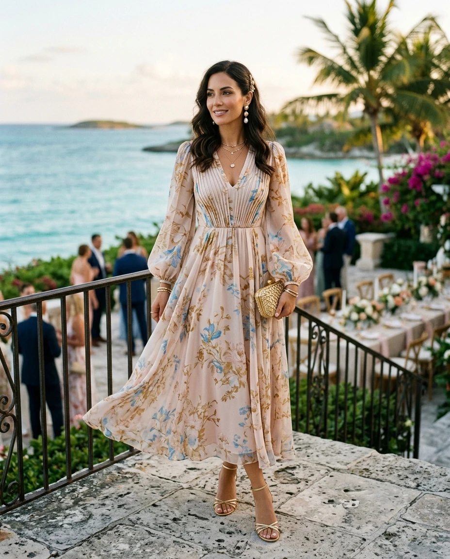 Gemma Deeks Style Guide: Elegant Chic wedding guest dress in Bahamas Summer 2026