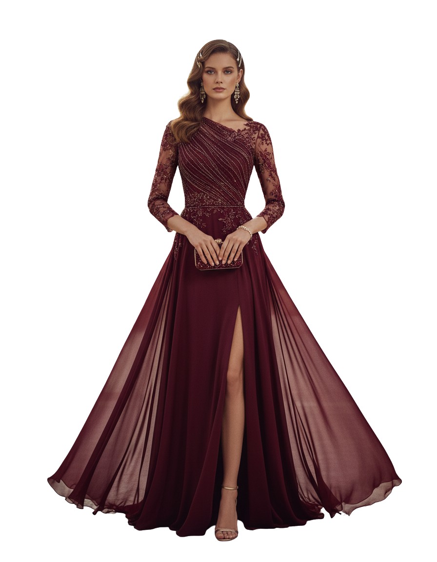 Gemma Deeks Style Guide: Elegant Chic wedding guest dress in Burgundy Summer 2026