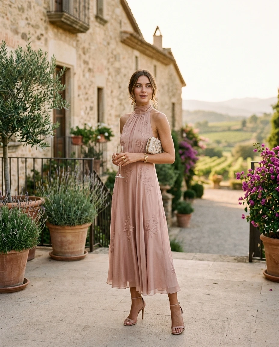 Gemma Deeks Style Guide: Elegant Chic wedding guest dress in Catalonia Summer 2026