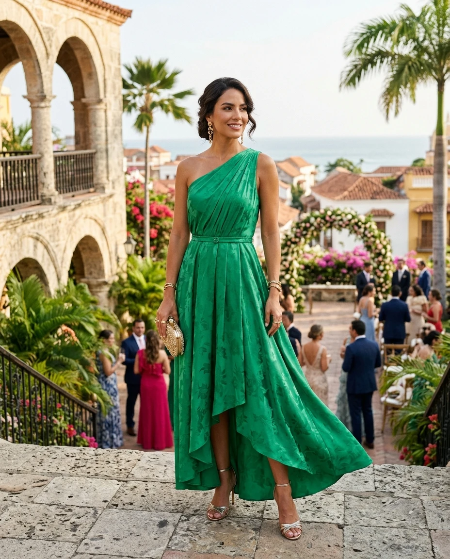 Gemma Deeks Style Guide: Elegant Chic wedding guest dress in Colombia Summer 2026