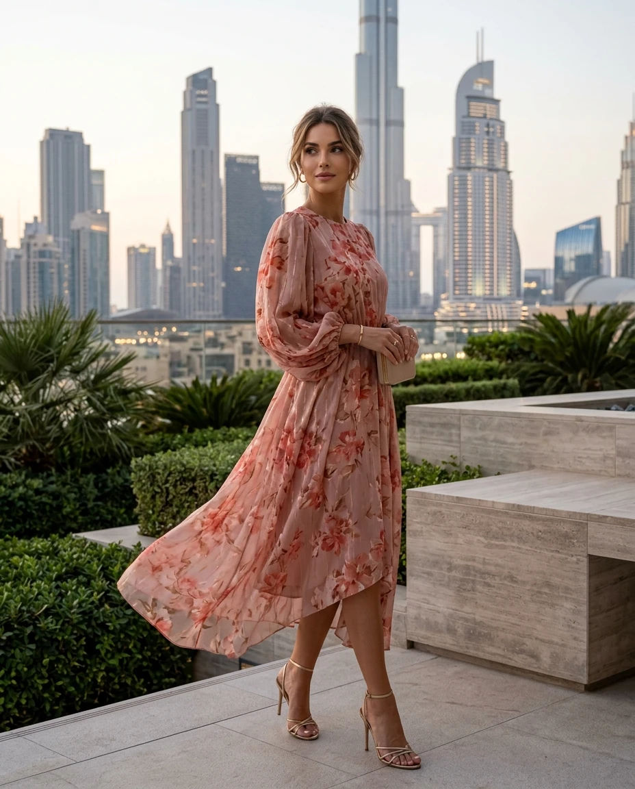 Gemma Deeks Style Guide: Elegant Chic wedding guest dress in Dubai Summer 2026