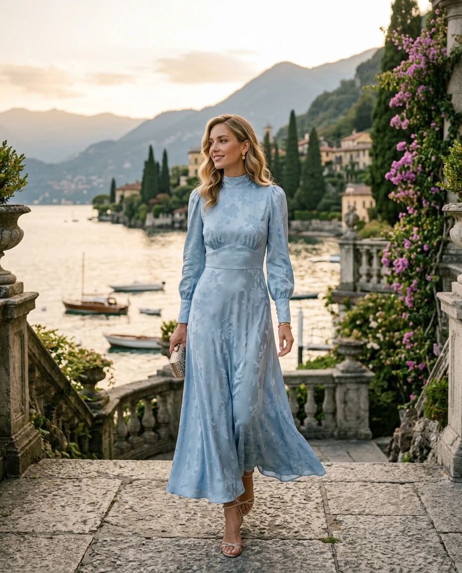 Gemma Deeks Style Guide: Elegant Chic wedding guest dress in Lake Como Summer 2026