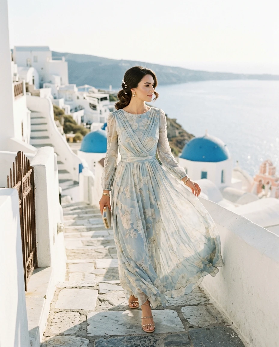 Gemma Deeks Style Guide: Elegant Chic wedding guest dress in Santorini Summer 2026