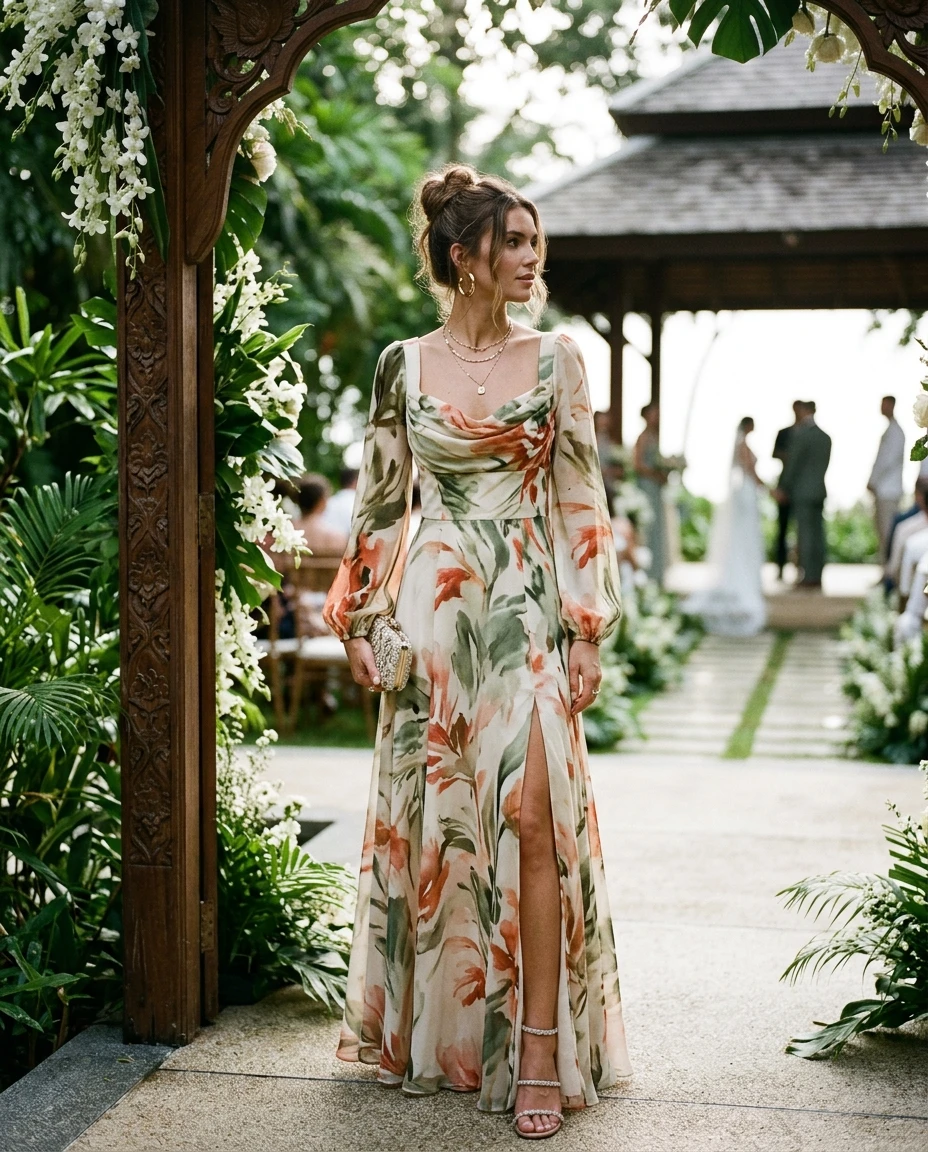 Gemma Deeks Style Guide: Elegant Chic wedding guest dress in Thailand Summer 2026