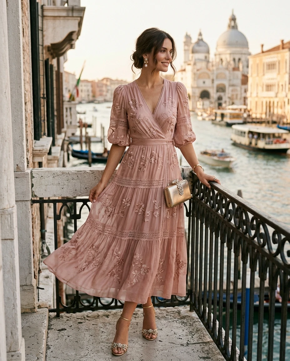 Gemma Deeks Style Guide: Elegant Chic wedding guest dress in Venice Summer 2026