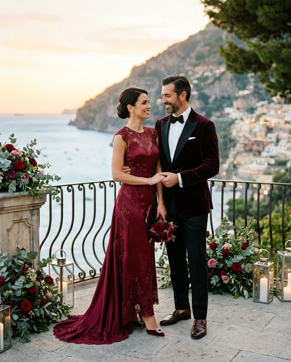 Gemma Deeks Style Guide: Formal attire Anniversary in Burgundy Summer 2026