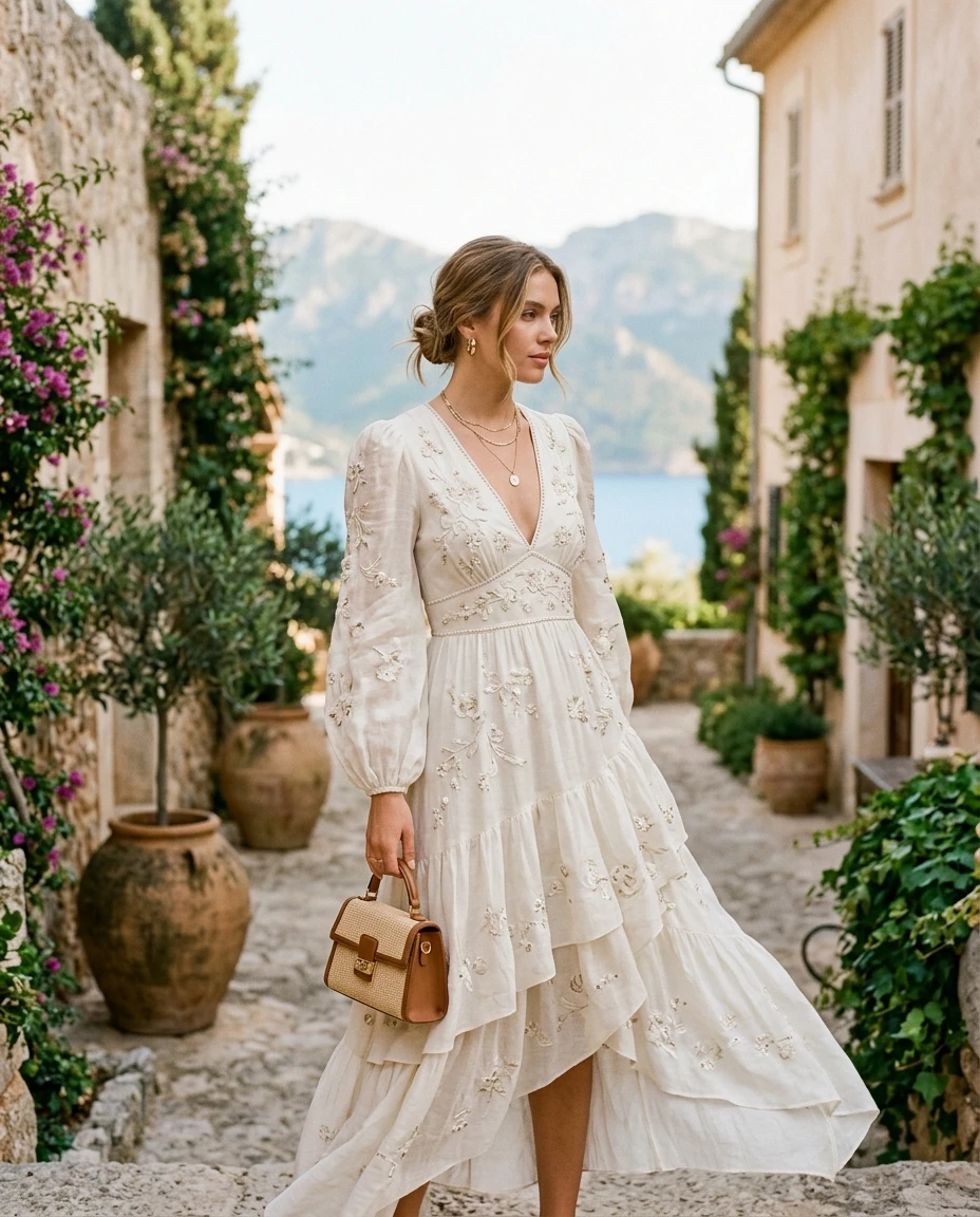 Gemma Deeks Style Guide: Formal attire Designer Summer Dresses in Majorca Summer 2026