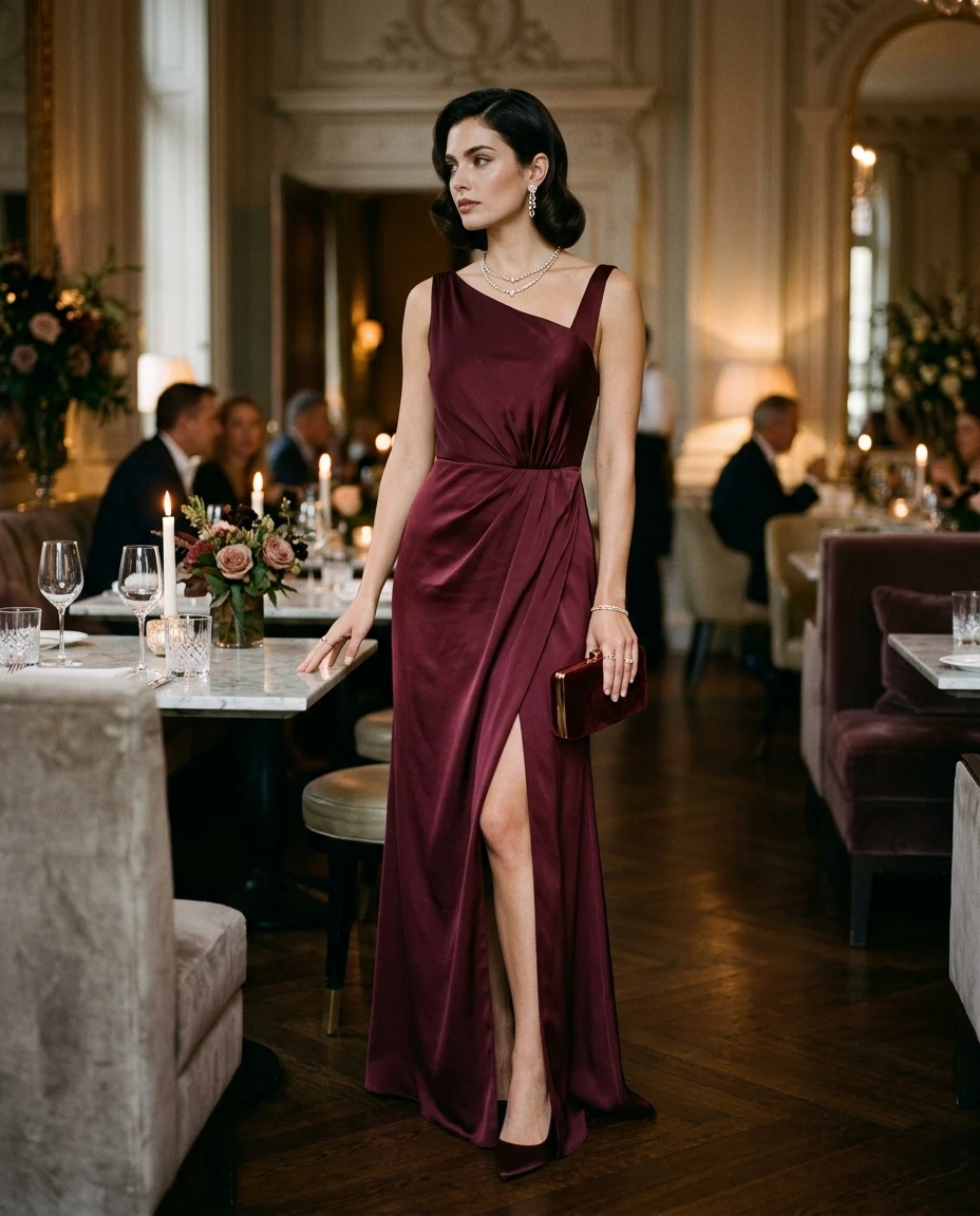 Gemma Deeks Style Guide: Formal attire dinner outfit in Burgundy Summer 2026