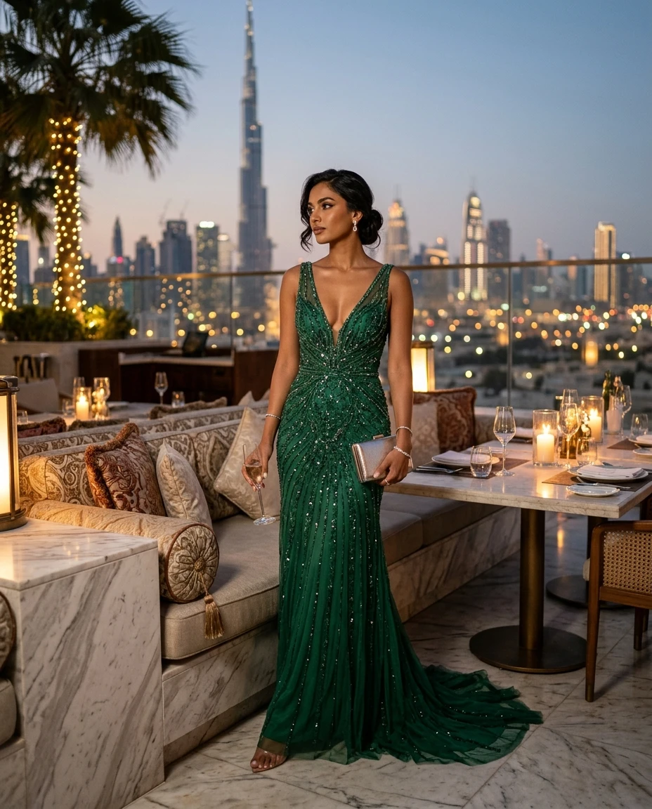 Gemma Deeks Style Guide: Formal attire dinner outfit in Dubai Summer 2026
