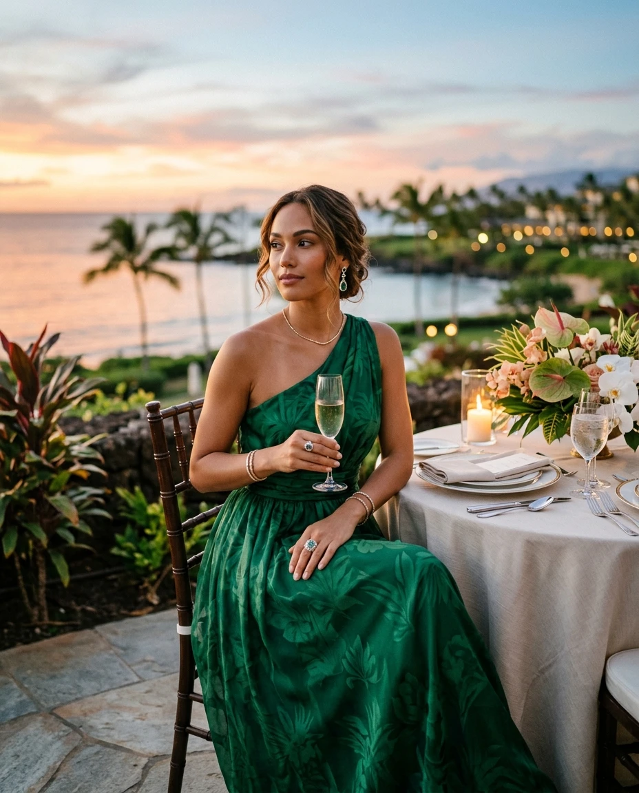 Gemma Deeks Style Guide: Formal attire dinner outfit in Hawaii Summer 2026
