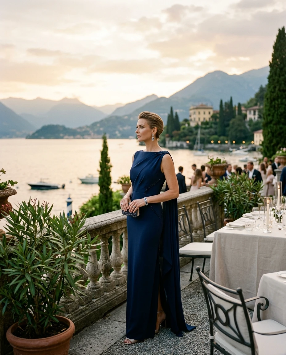 Gemma Deeks Style Guide: Formal attire dinner outfit in Lake Como Summer 2026
