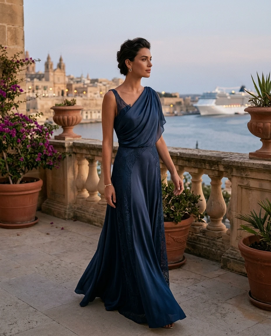 Gemma Deeks Style Guide: Formal attire dinner outfit in Malta Summer 2026
