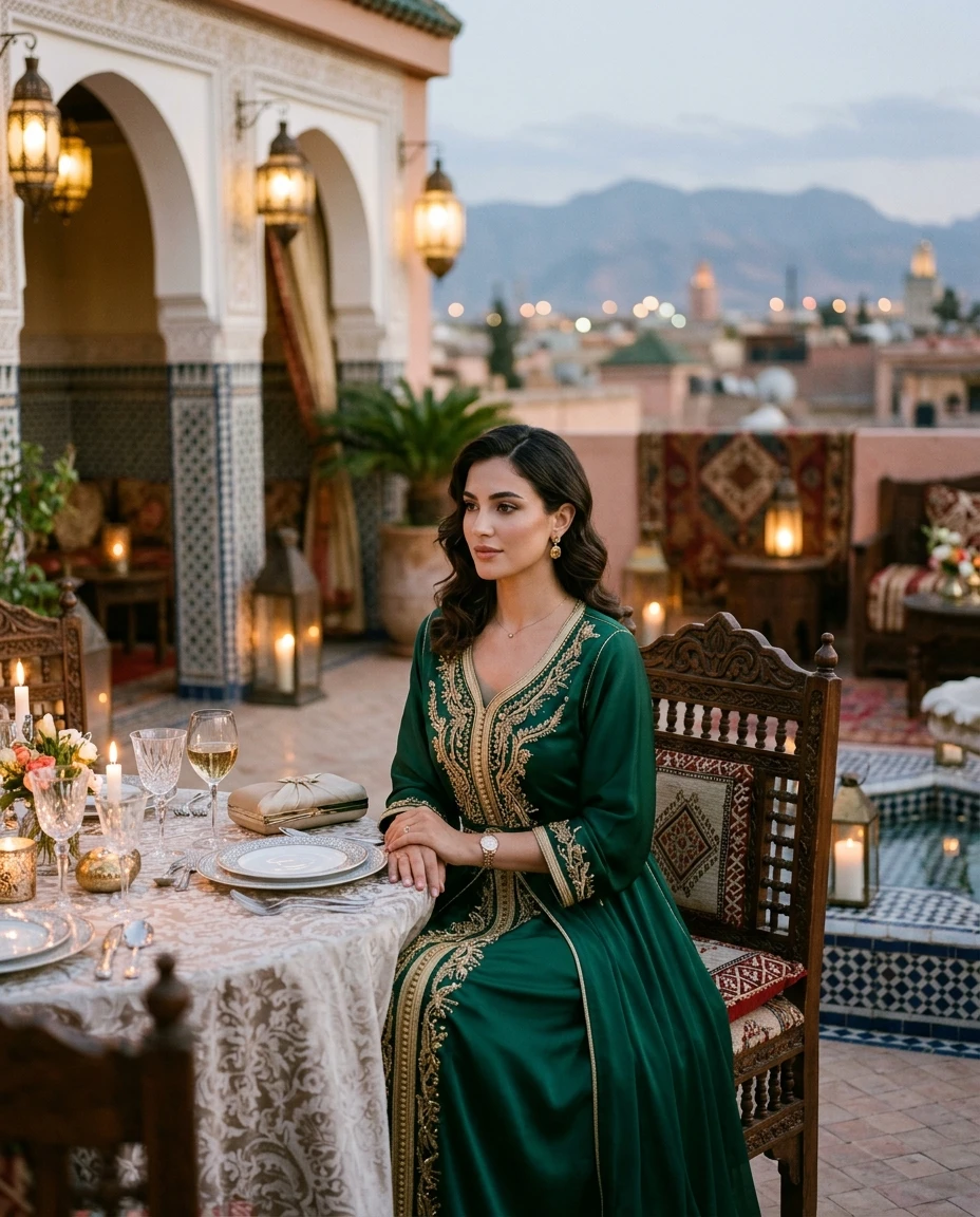 Gemma Deeks Style Guide: Formal attire dinner outfit in Moroco Summer 2026