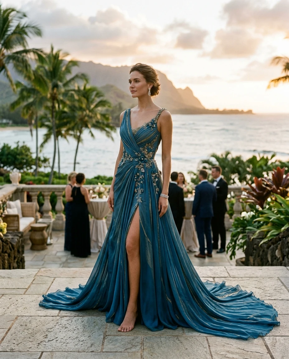 Gemma Deeks Style Guide: Formal attire gala gown in Hawaii Summer 2026