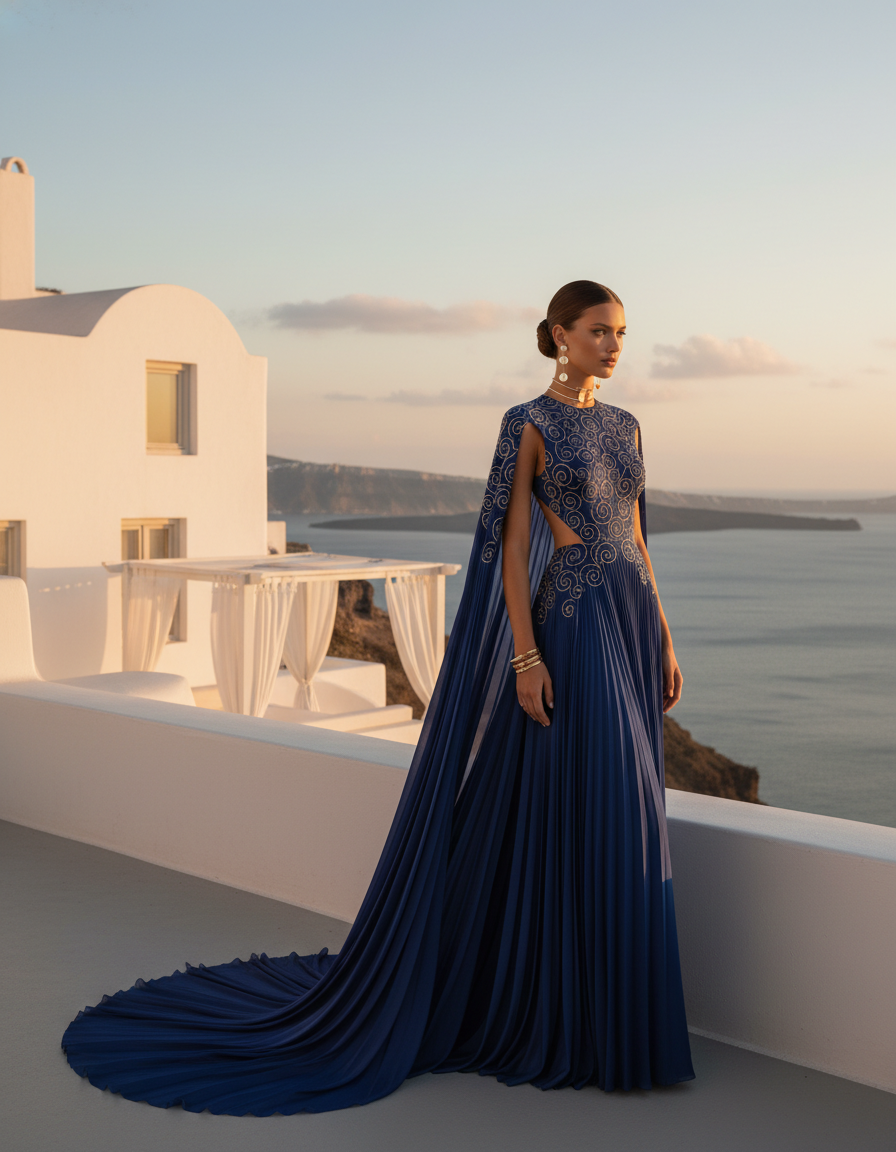 Gemma Deeks Style Guide: Formal attire gala gown in Santorini Summer 2026