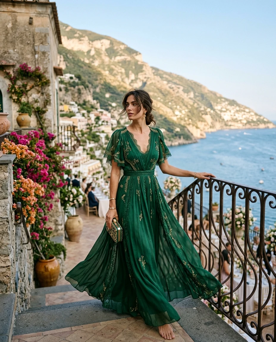 Gemma Deeks Style Guide: Formal attire wedding guest dress in Amalfi Coast Summer 2026