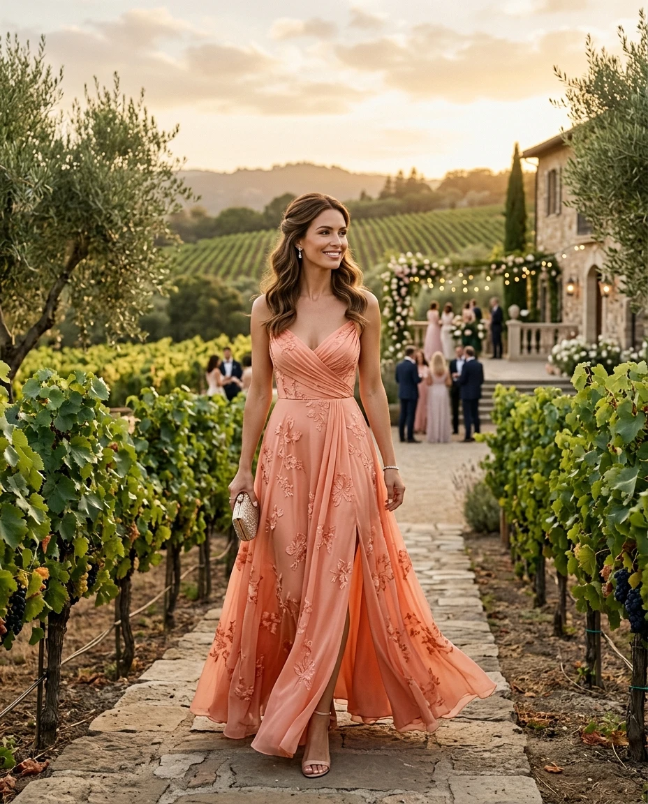 Gemma Deeks Style Guide: Formal attire wedding guest dress in Napa Valley Summer 2026