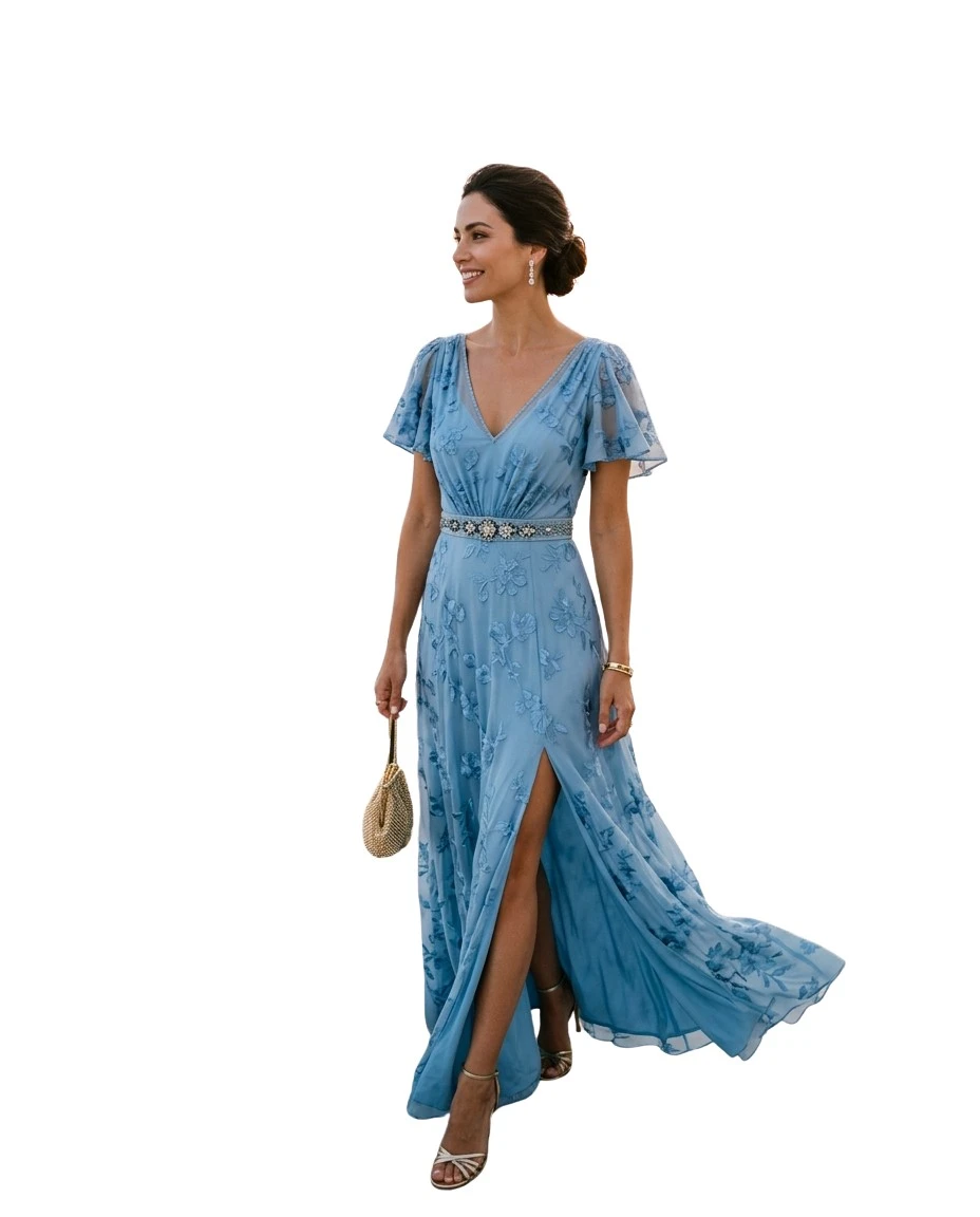 Gemma Deeks Style Guide: Formal attire wedding guest dress in Santorini Summer 2026