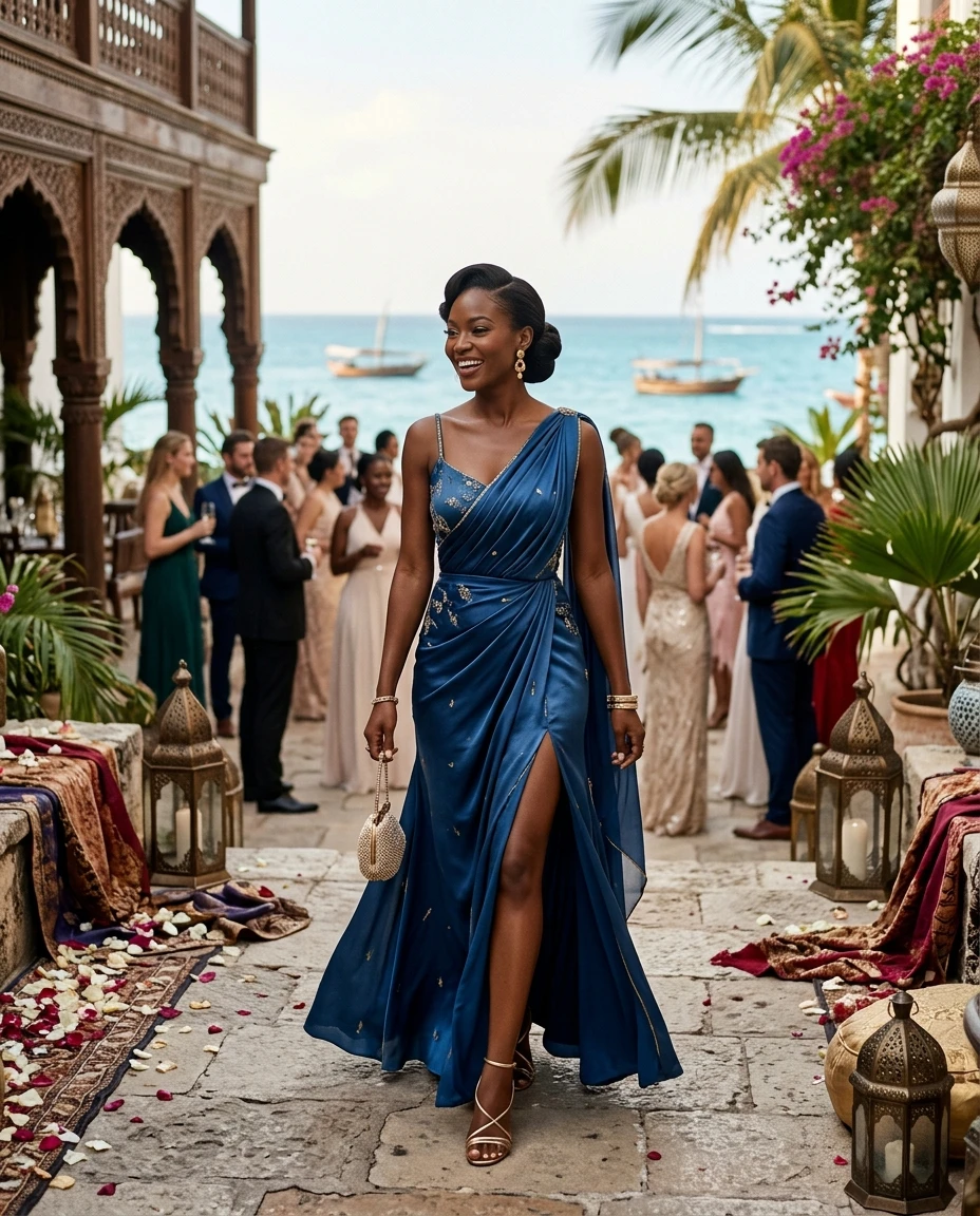 Gemma Deeks Style Guide: Formal attire wedding guest dress in Zanzibar Summer 2026