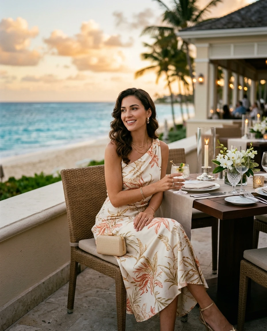Gemma Deeks Style Guide: Resort chic dinner outfit in Bahamas Summer 2026