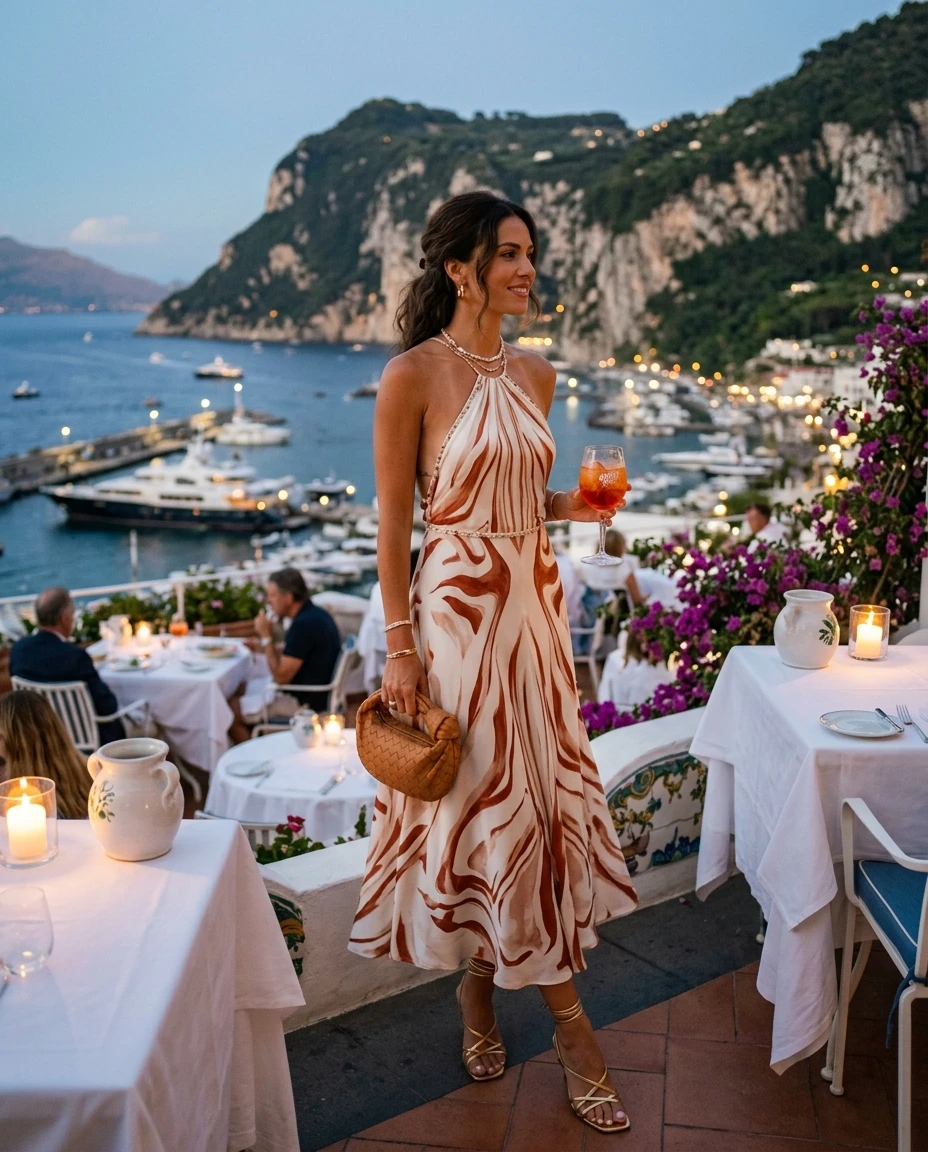 Gemma Deeks Style Guide: Resort chic dinner outfit in Capri Summer 2026